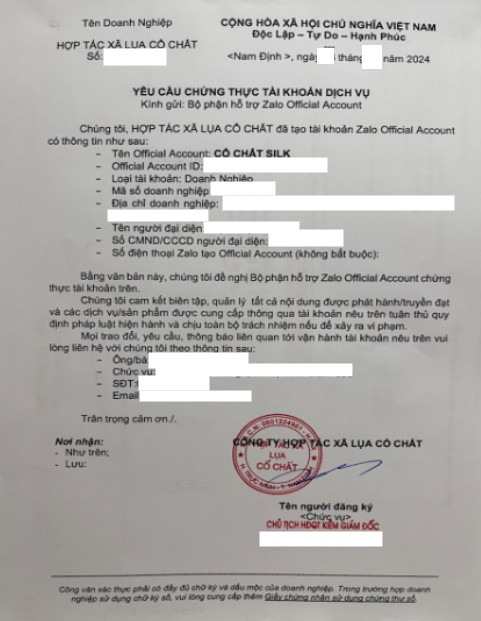 Văn bản yêu cầu xác thực tài khoản Zalo OA